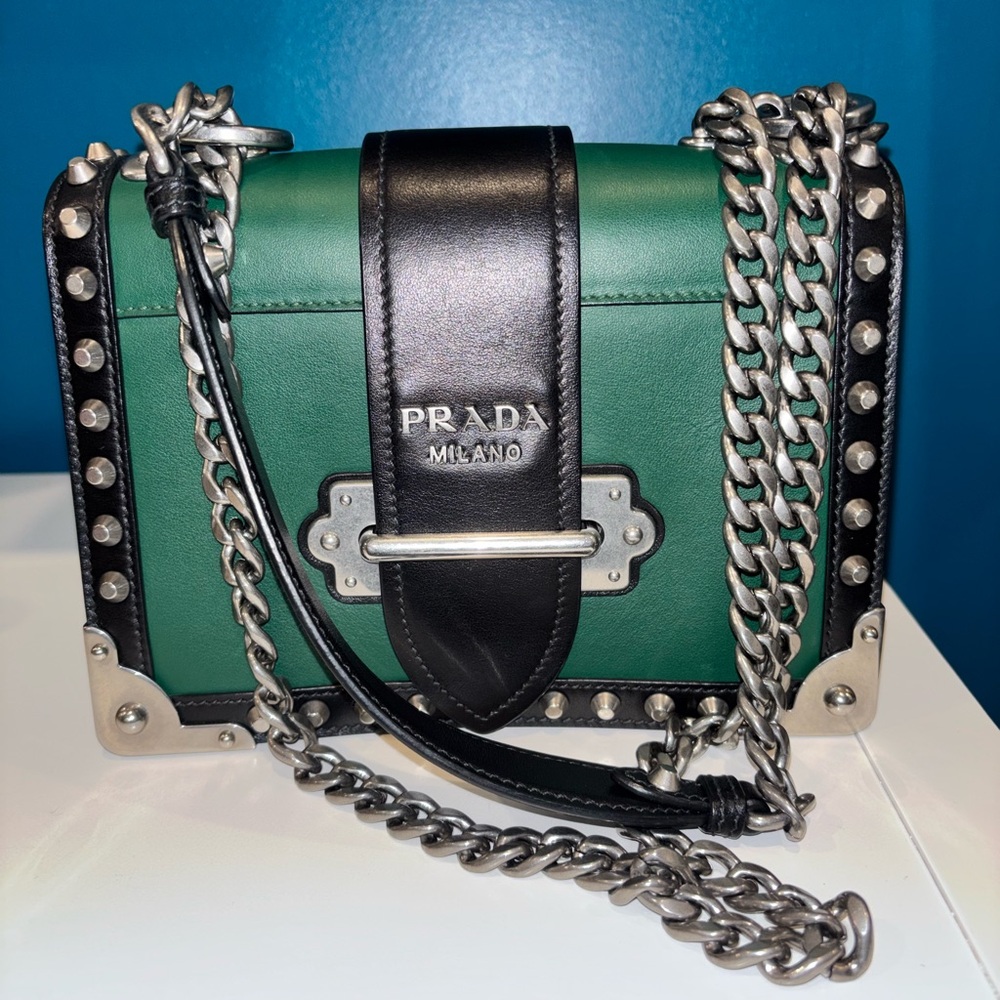 Prada Navy and Green Crossbody Bag with Silver Chains